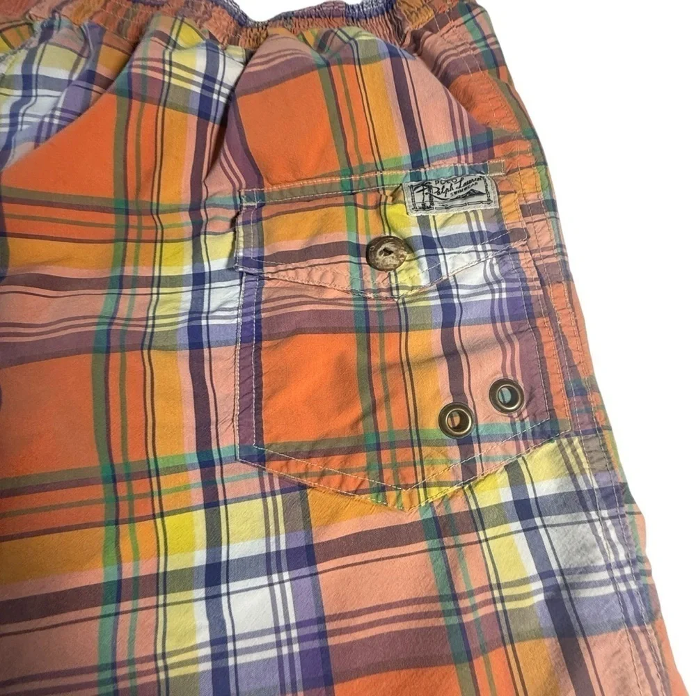 Polo Ralph Lauren Madras Plaid Orange Multicolor Swim Trunks Shorts XL Preppy